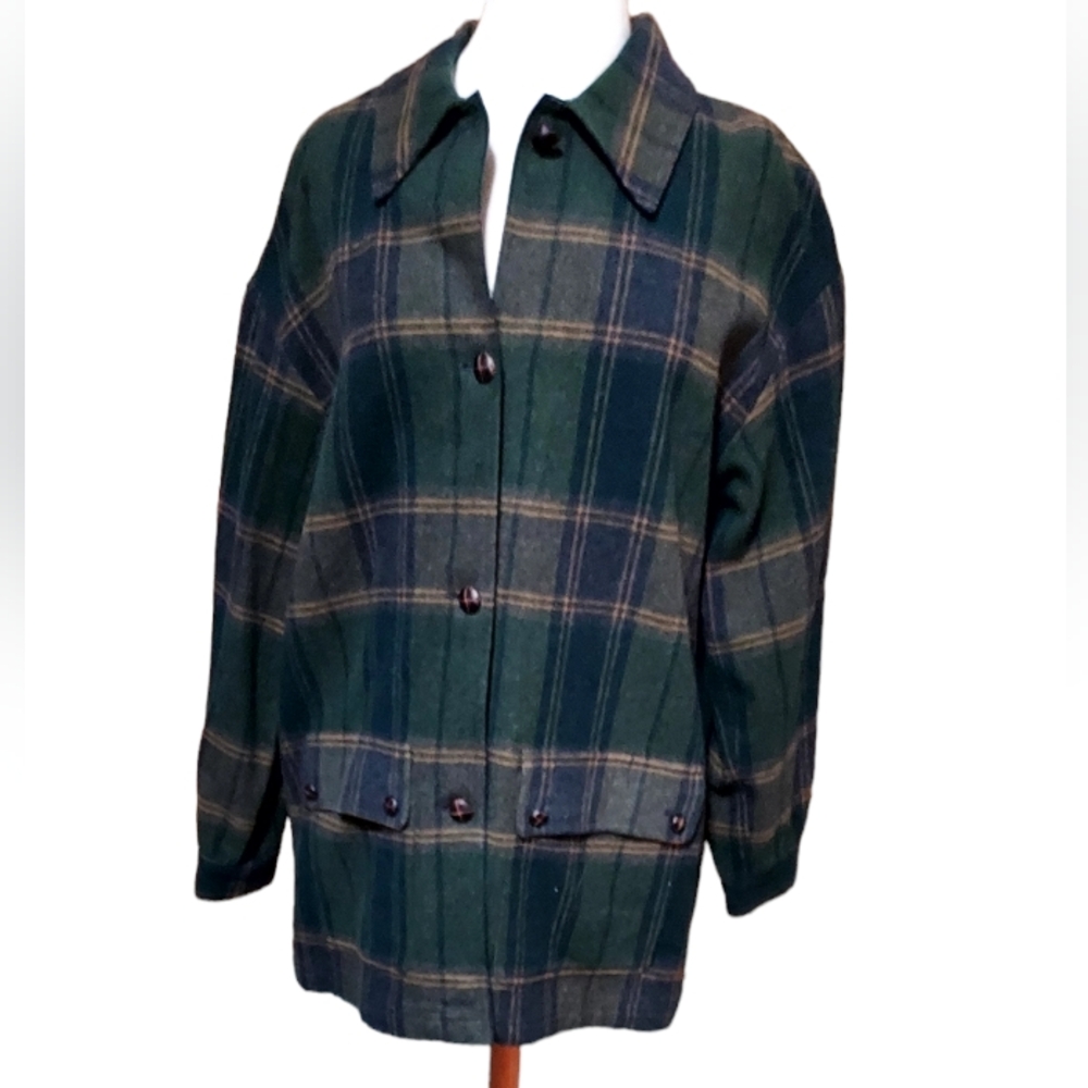 Rafaella Wool Blend Shacket L  Jacket Plaid Green Blue Vintage Woman But…
